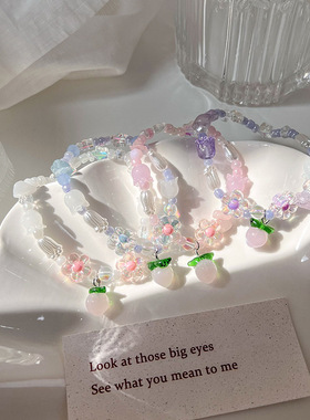 个性手作ins可爱少女粉蓝花朵vintage小众设计水蜜桃串珠手链女