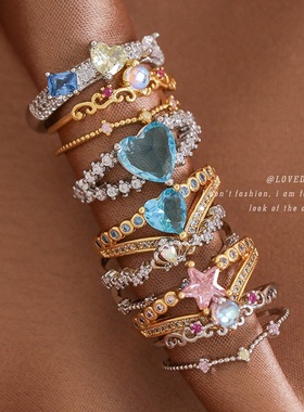 欧美风跨境新款轻奢戒指心形爱心蝴蝶结微镶几何开口戒指指环