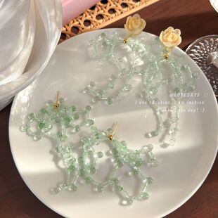 春夏季新品薄荷绿色串珠流苏蝴蝶结花朵耳环小众夸张耳饰耳坠饰品