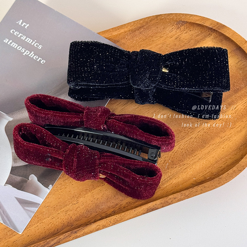 复古金丝绒细闪蝴蝶结香蕉夹