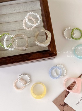 韩版东大门同款彩色糖果色串珠珍珠戒指小清新指环多种戴法戒指潮