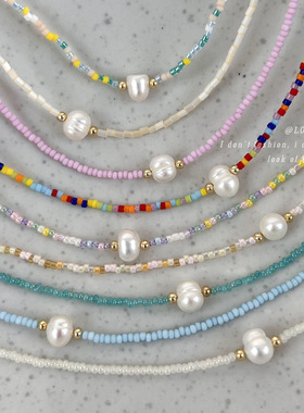 ins风天然石串珠小众项链女2023新款爆款淡水珍珠颈链叠戴锁骨链