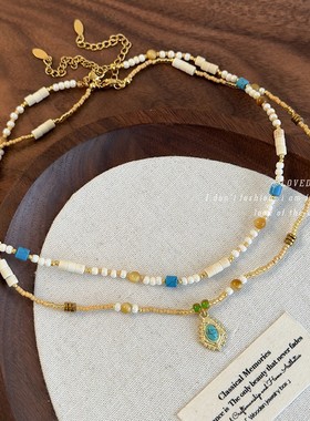 新款小众叠戴蓝色珠项链