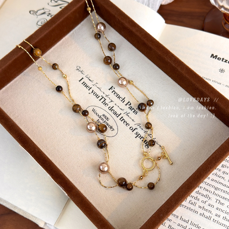 虎眼石圆形珍珠叠戴项链