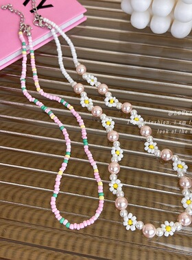 甜美少女~粉色串珠花朵双层项链夏2023年新款配饰森系气质锁骨链