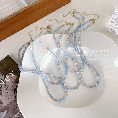 韩版夏季水晶彩色项链女小众设计感清新高级感冷淡风蓝色串珠颈链