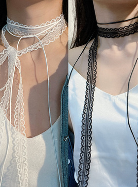 甜酷辣妹黑色蝴蝶结蕾丝绑带项链叠戴choker锁骨链复古设计感颈链