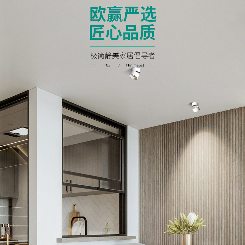 明装射灯天花灯免开孔家用店铺角度商用cob可调小吸顶筒灯三色