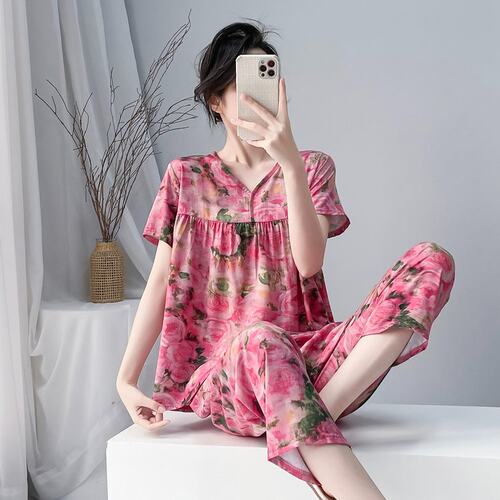 妈妈睡衣新款女士棉绸大码人造棉中老年人短袖两件套装夏季家居服