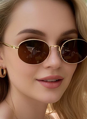 欧美椭圆框太阳眼镜女男金属墨镜