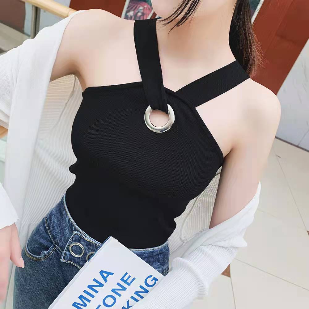 港味chic小心机圆环挂脖露肩针织背心吊带女 women vest summer