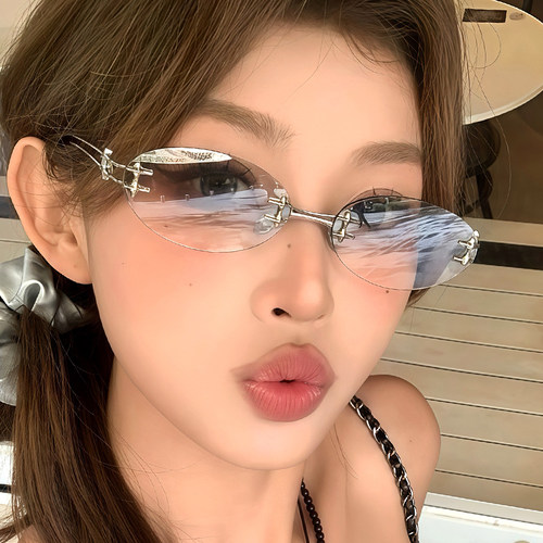 椭圆无框太阳眼镜女Y2K金属墨镜