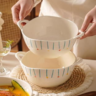 釉下彩双耳汤碗大号家用法式吃面碗9英寸大容量盛汤大碗陶瓷汤盆