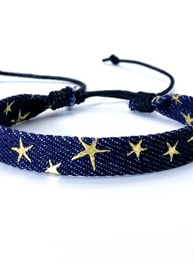 新款欧美百搭简约文艺风小清新星星牛仔布编织女士手链手绳饰品男