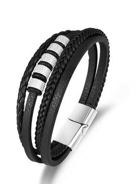 简约标志头层牛皮革手链女手工编织多层百搭个性不锈钢珠子手环男