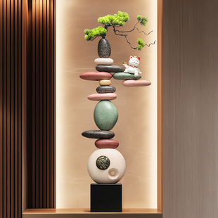 入户玄关造景迎客松石来运转招财猫摆件新中式 饰品 客厅大型落地装
