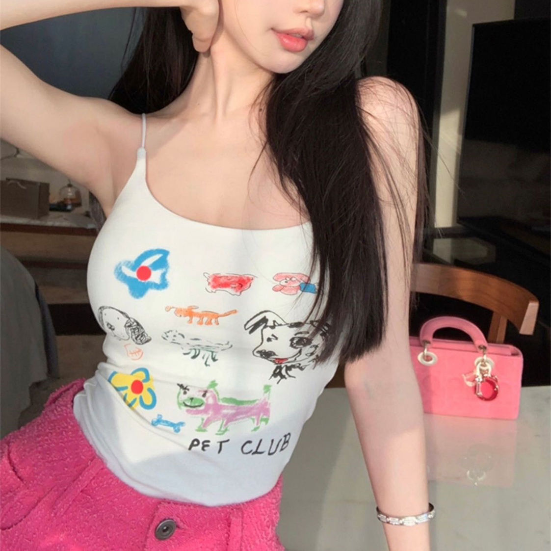 甜辣妹涂鸦印花吊带背心女带胸垫美背抹胸修身显瘦内搭外穿上衣棉