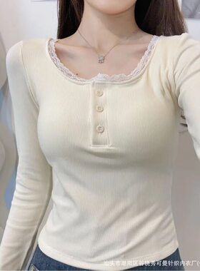 纯欲风蕾丝花边长袖打底衫女｜带