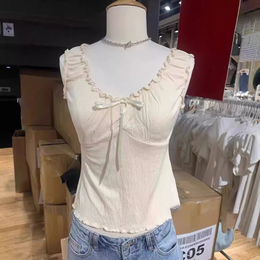 BM风 brandy同款 绝美纯欲木耳边米色蝴蝶结花边系带bm背心女,女装/女士精品,背心吊带,淘宝优惠券,粉丝福利购,淘宝优惠卷