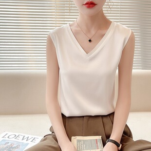 夏季 高级上衣桑蚕丝t恤 丝面吊带背心短袖 女V领内搭宽松显瘦打底衫
