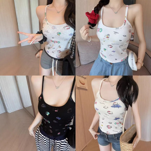 辣妹设计感卡通印花美背吊带工字型背心女带胸垫修身显瘦短款上衣