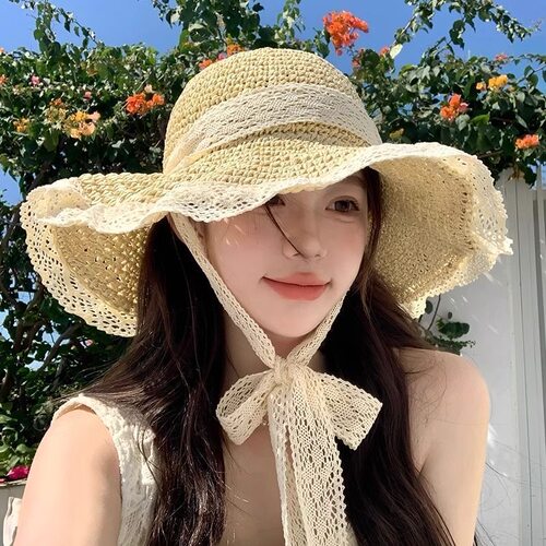 蕾丝蝴蝶结草帽夏季镂空遮阳帽
