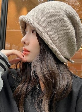 堆堆帽抽绳式100纯羊毛帽子女款针织月子帽2025新款包头冷帽秋冬
