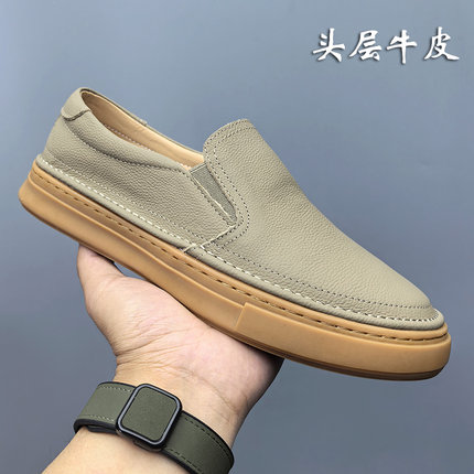 头层小牛皮一脚蹬男鞋夏季单层牛皮薄款透气休闲鞋男士软底乐福鞋