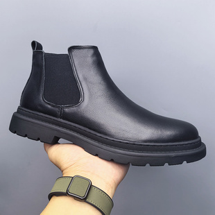 头层牛皮切尔西靴男中帮英伦风短靴子男士冬季高帮保暖加绒马丁靴
