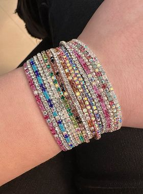 跨境镶钻弹力手链2mm单排彩色水钻手环女直播手镯女抓链满钻手饰