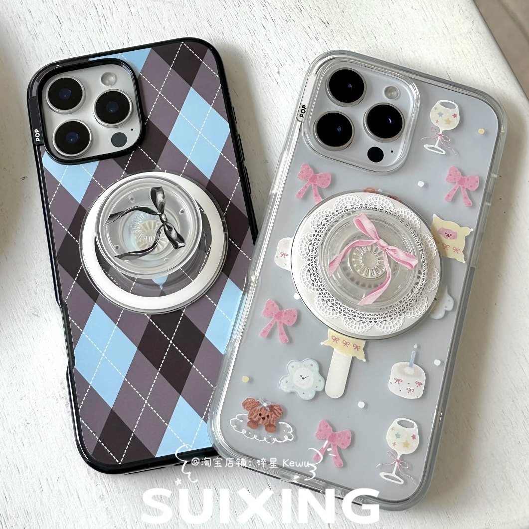 Suixing 泡泡骚灰蓝菱格纹蝴蝶结粉色透明16promax磁