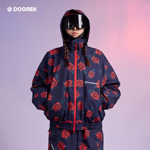 DOOREK26新款满印红玫瑰滑雪服男女弯刀裤单板保暖防水防风雪服