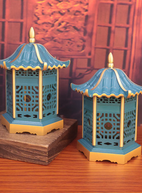 正品黄铜蓝塔亭子香炉镂空古建筑香炉家居客厅办公铜香炉装饰