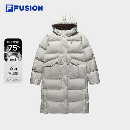 FILA FUSION斐乐长款羽绒服女款冬季冬训宽松加厚保暖连帽外套女