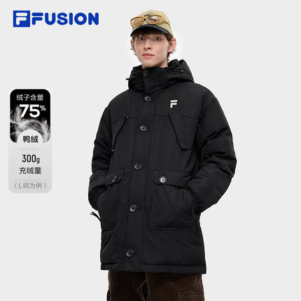 FILA FUSION斐乐冬训中长款羽绒服男冬季男士保暖宽松连帽外套