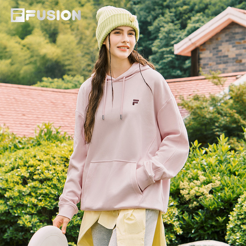 FILAFUSION斐乐潮牌情侣连帽卫衣女春秋季纯色休闲宽松运动上衣男