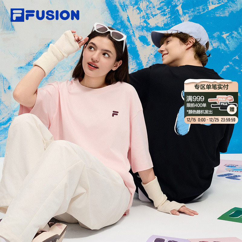 FILA FUSION斐乐潮牌短袖T恤女2026春季新款多彩宽松纯棉男子上衣