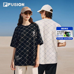 FILA 夏季 運動男女純棉寬松短袖 FUSION斐樂情侶老花t恤2025新款