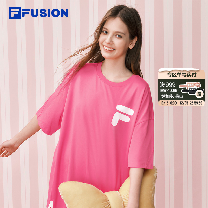 FILA FUSION斐乐潮牌情侣短袖女2026春季新款休闲百搭纯棉粉色T恤