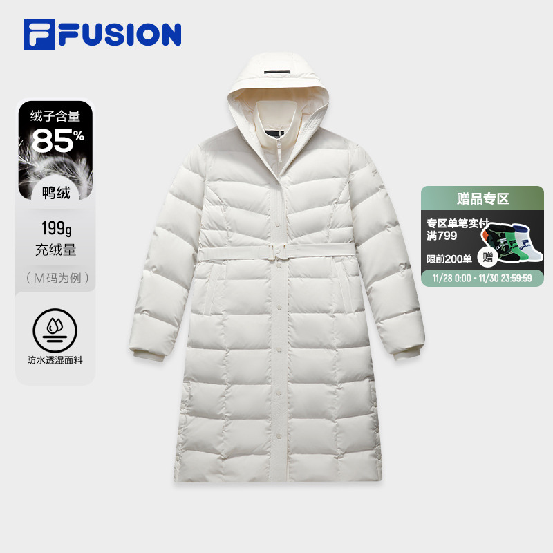 FILA FUSION斐乐潮牌长款羽绒服女2025冬季新款休闲保暖连帽外套