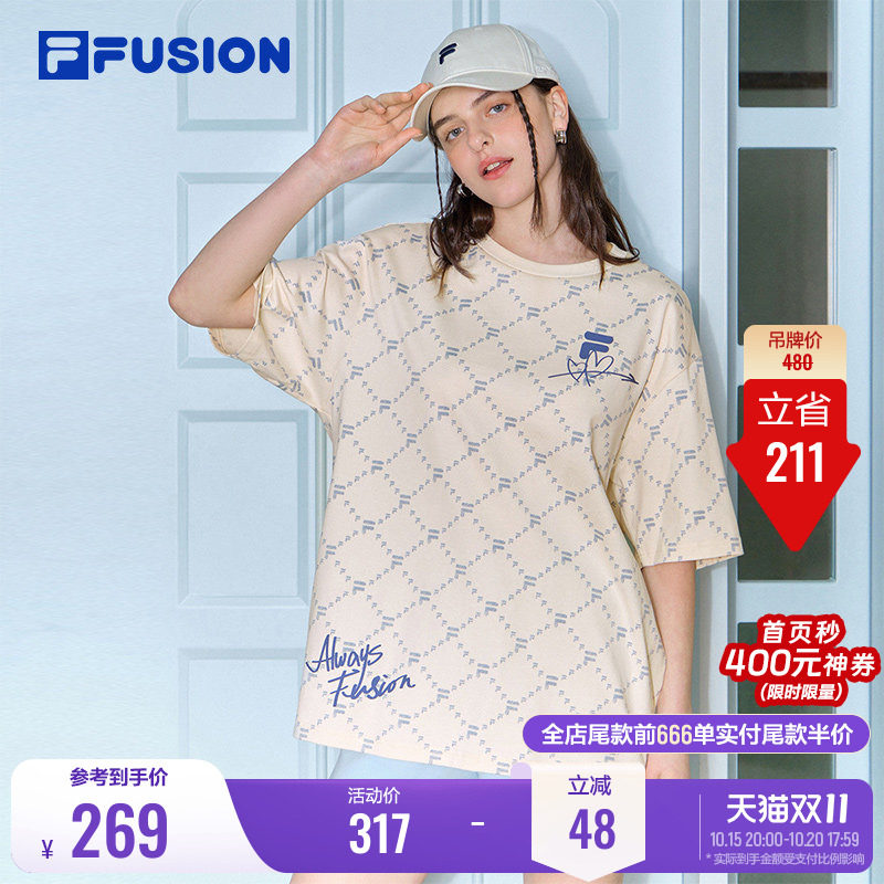 FILA FUSION斐乐情侣短袖T恤女新款夏季老花满印休闲纯棉宽松半袖