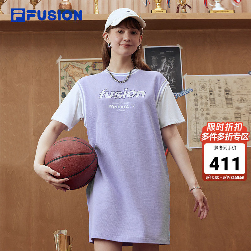 FILA FUSION斐乐潮牌女子连衣裙夏季运动篮球裙假两件T恤拼色长裙