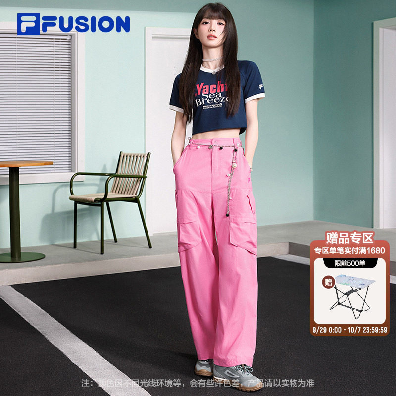 【田曦薇同款】FILA FUSION斐乐梭织长裤女夏季新款阔腿裤工装裤