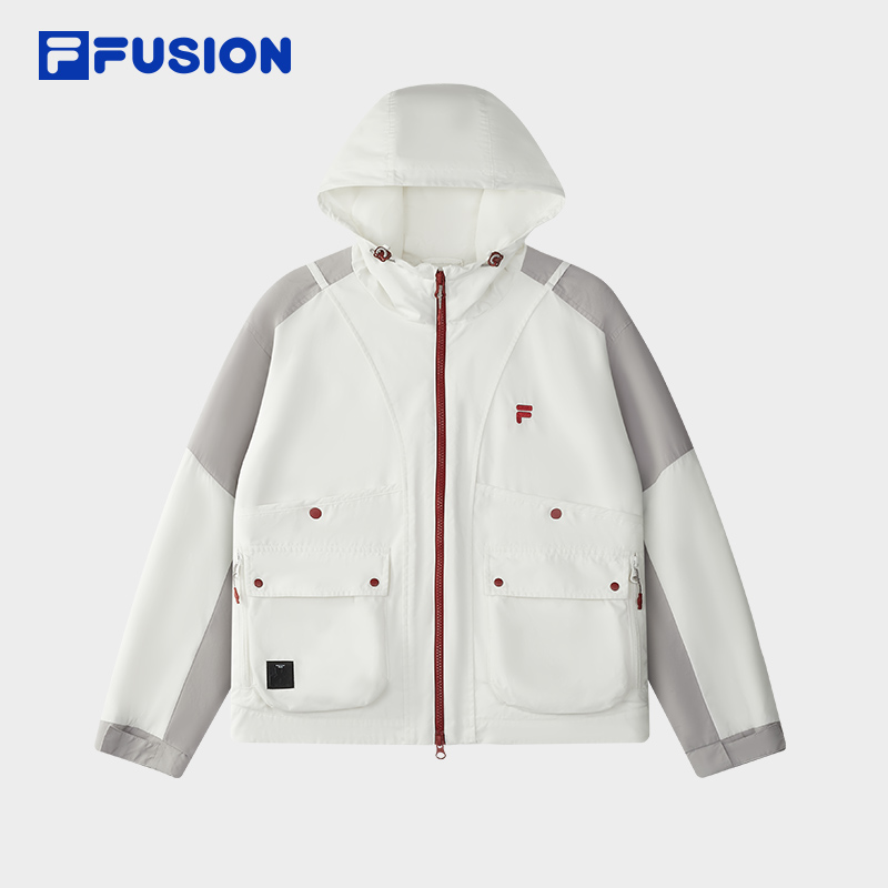 FILA FUSION斐乐潮牌梭织外套女2025冬新款休闲宽松拼色连帽外套