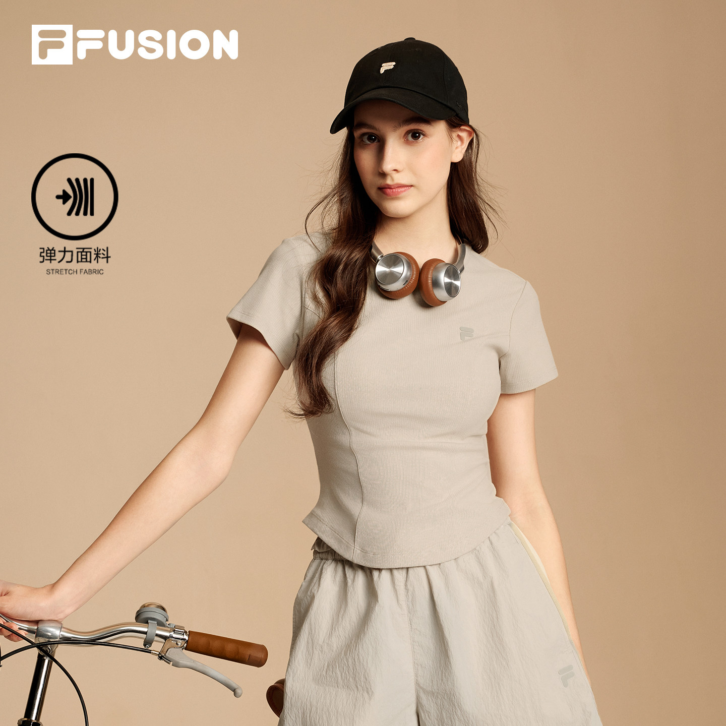 FILA FUSION斐乐潮牌针织短袖T恤女2026夏季新款纯色休闲紧身上衣
