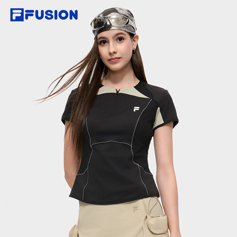 赵露思同款FILA FUSION斐乐女子短袖2025秋季新款时尚拼接修身T恤,运动服/休闲服装,运动T恤,淘宝优惠券,粉丝福利购,淘宝优惠卷