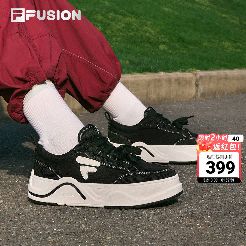 FILA FUSION斐乐女鞋帆布鞋板鞋百搭厚底运动鞋休闲鞋黑色