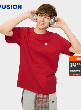FILA FUSION斐乐潮牌短袖T恤女2026春季新款新年红色纯棉男子上衣