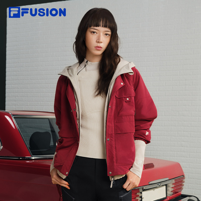 FILA FUSION斐乐潮牌棉服女2026春新款休闲宽松红色外套连帽夹克