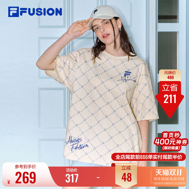 FILA FUSION斐乐情侣短袖T恤女新款夏季老花满印休闲纯棉宽松半袖